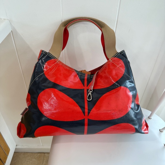 Vintage Orla Kiely Red Navy Blue Solid Stem Shoulder Bag Tote Floral Handbag - Picture 2 of 16